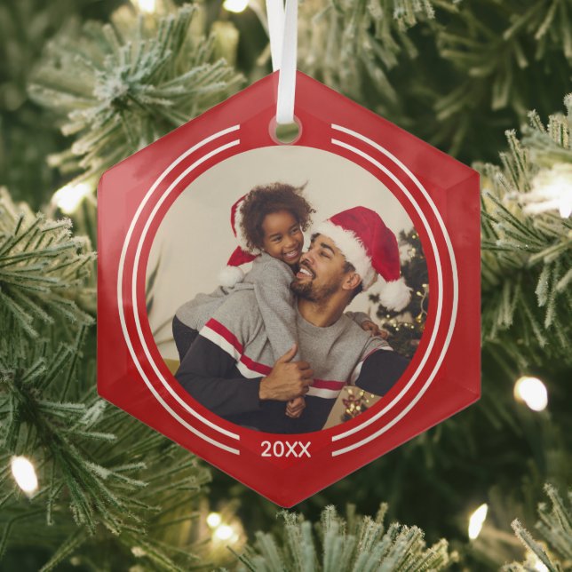Minimalist Family Photo Red Christmas Glass Ornament (Insitu)