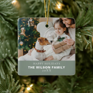 Minimalist Family Photo With Pets Christmas Ceramic Ornament
