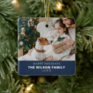 Minimalist Family Photo With Pets Christmas Ceramic Ornament