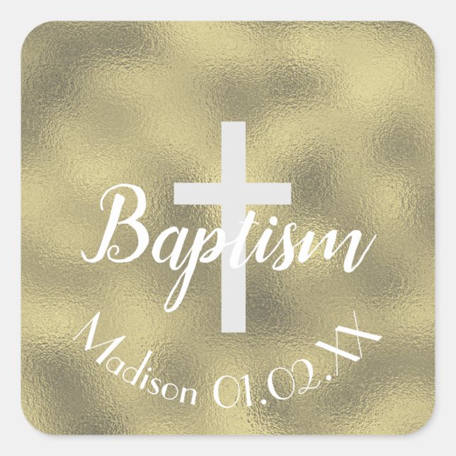 Minimalist Faux Gold Baptism Cross Child's Name Square Sticker (Front)
