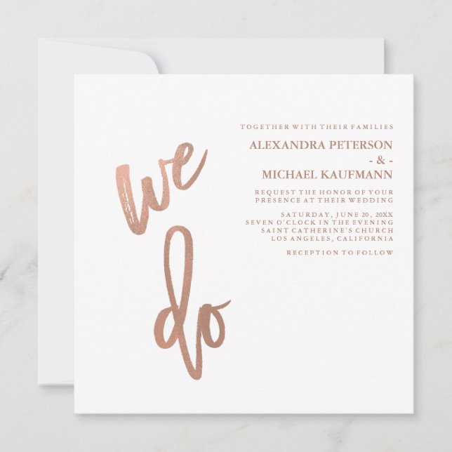 Minimalist Faux Rose Gold Typography Wedding Invitation (Front)