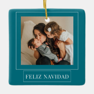 Minimalist Feliz Navidad Teal Christmas Photo Ceramic Ornament
