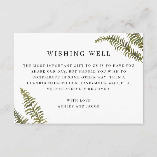 Minimalist Fern Wishing Well | Elegant Wedding Enclosure Card (Front)