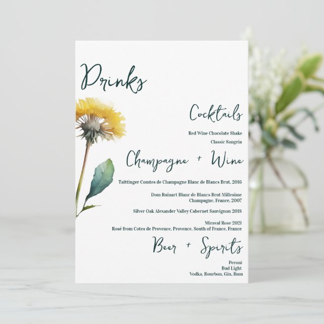 Minimalist Field Flower Wedding Drinks Bar Menu  (Standing Front)