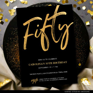 Minimalist Fifty Script Gold Black 50th Birthday Invitation