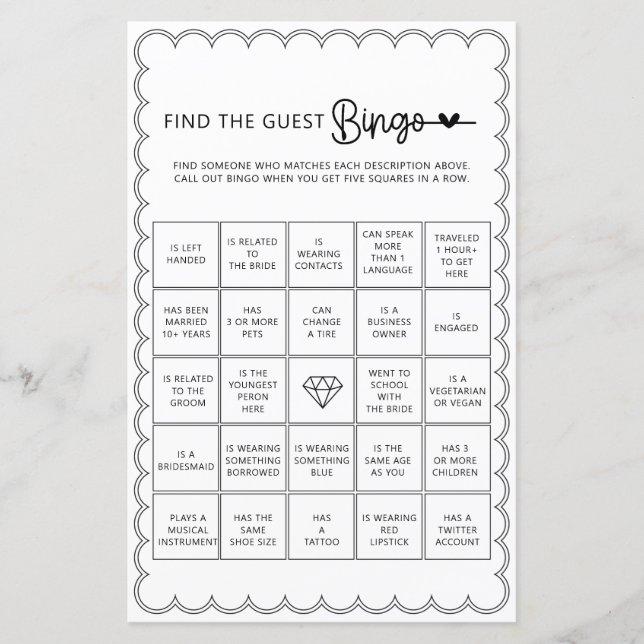 Minimalist find the guest bingo bridal shower game (Front)