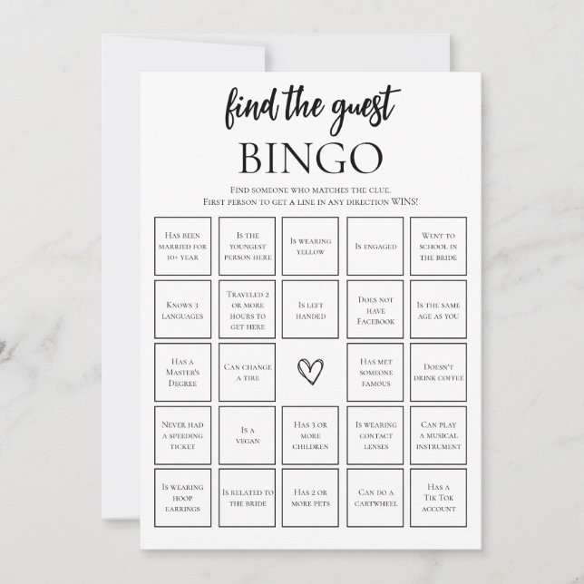 Minimalist Find The Guest Bridal Bingo Game Card (Front)