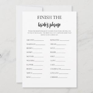 Minimalist Finish the Bride's Phrase Bridal Game Invitation