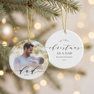 Minimalist First Christmas as Dad Photo Christmas Ceramic Ornament