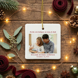 Minimalist First Christmas as Mom & Dad Photo Ceramic Ornament