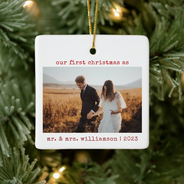 Minimalist First Christmas as Mr and Mrs Photo Ceramic Ornament (Tree)