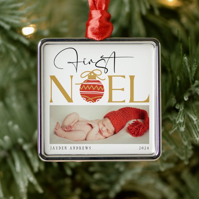 Minimalist First Christmas Baby Photo Metal Ornament (Tree)
