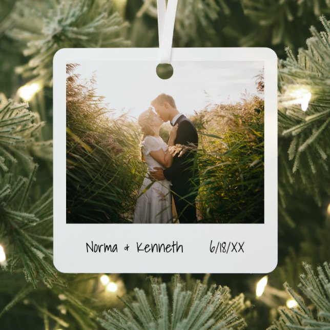 Minimalist First Christmas Married Newlywed Photo Metal Ornament (Insitu)