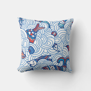 Minimalist Fishes and waves Throw Pillow
