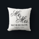 Minimalist Flemish Elegant Script Mr and Mrs Throw Pillow<br><div class="desc">Flemish Minimalist Elegant Script Mr and Mrs Throw Pillow. This is a simple and minimalist design style pillow with an elegant flemish custom script,  you can add family name and wedding date,  established year,  etc. This is a perfect gift for newlyweds new home.</div>