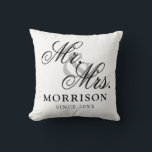 Minimalist Flemish Elegant Script Mr and Mrs Throw Pillow<br><div class="desc">Flemish Minimalist Elegant Script Mr and Mrs Throw Pillow. This is a simple and minimalist design style pillow with an elegant flemish custom script,  you can add family name and wedding date,  established year,  etc. This is a perfect gift for newlyweds new home.</div>