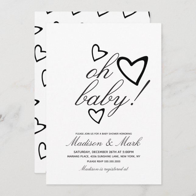 Minimalist Floating Black Hearts Baby Shower Invitation (Front/Back)