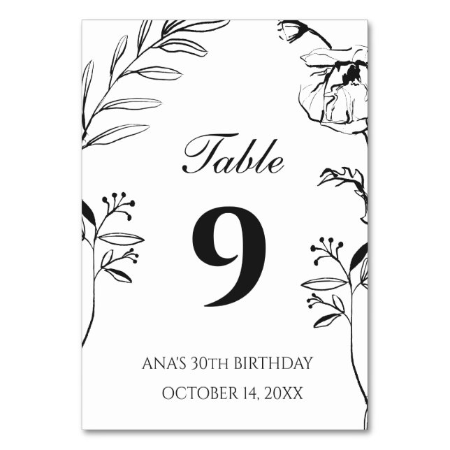 Minimalist Floral 30th Birthday Table Number (Front)