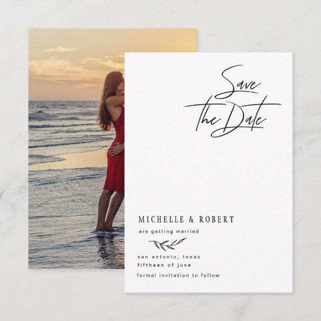 Minimalist Floral Black Tie Photo Save The Date Invitation (Front/Back)