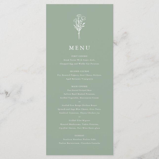 Minimalist Floral Bouquet Sage Green Wedding Menu (Front)
