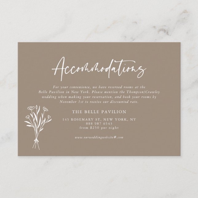 Minimalist Floral Bouquet Taupe Accommodations Enclosure Card (Front)