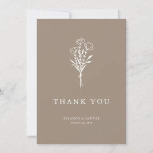 Minimalist Floral Bouquet Taupe Wedding Thank You Card
