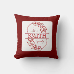Minimalist Floral Burgundy Custom Family Typograph Throw Pillow