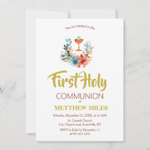 Minimalist floral first catholic communion invitation
