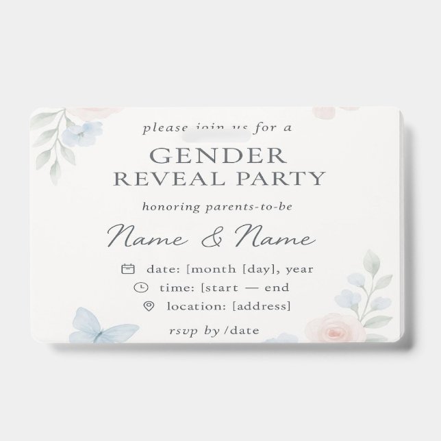 Minimalist Floral Gender Reveal Invitation Badge (Front)