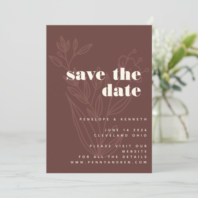 Minimalist Floral Line Art Warm Rustic Wedding Save The Date (Standing Front)