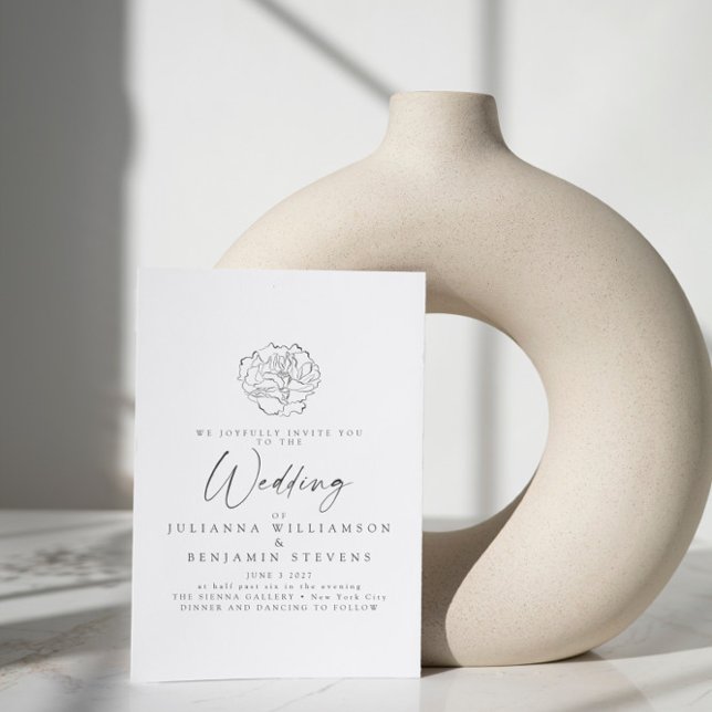 Minimalist Floral Line Art White Script Wedding Invitation (Creator Uploaded)