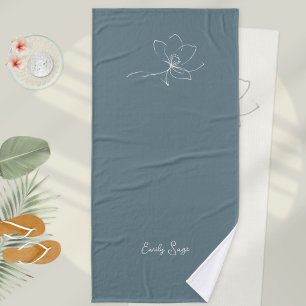 Minimalist Floral Line Art Zen Ivory Coastal Blue  Bath Towel