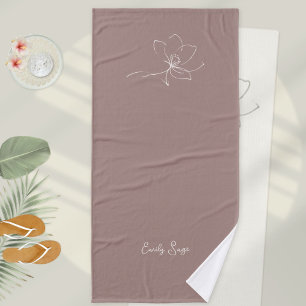 Minimalist Floral Line Art Zen Ivory Dusty Rose Bath Towel