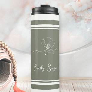Minimalist Floral Line Art Zen Sage Green Ivory Thermal Tumbler