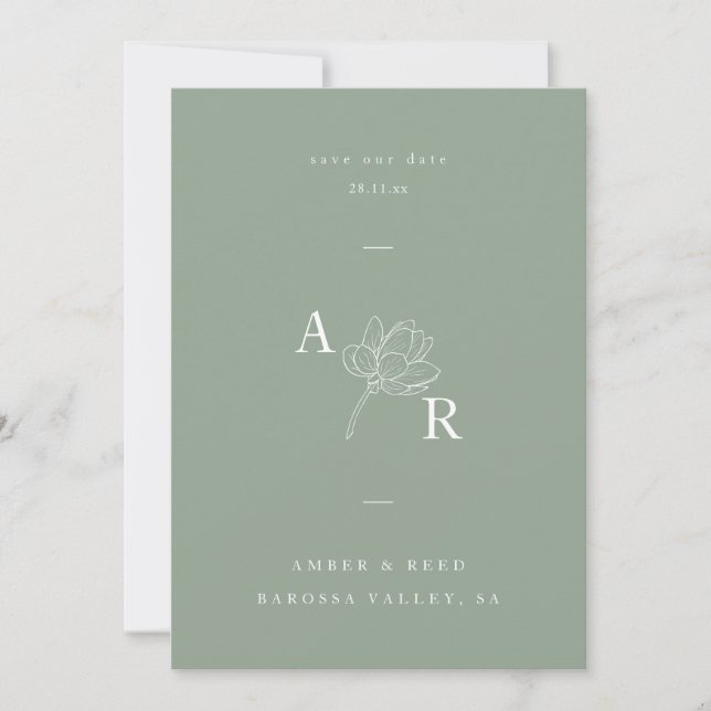 Minimalist Floral Monogram Elegant Sage Green Save The Date (Front)
