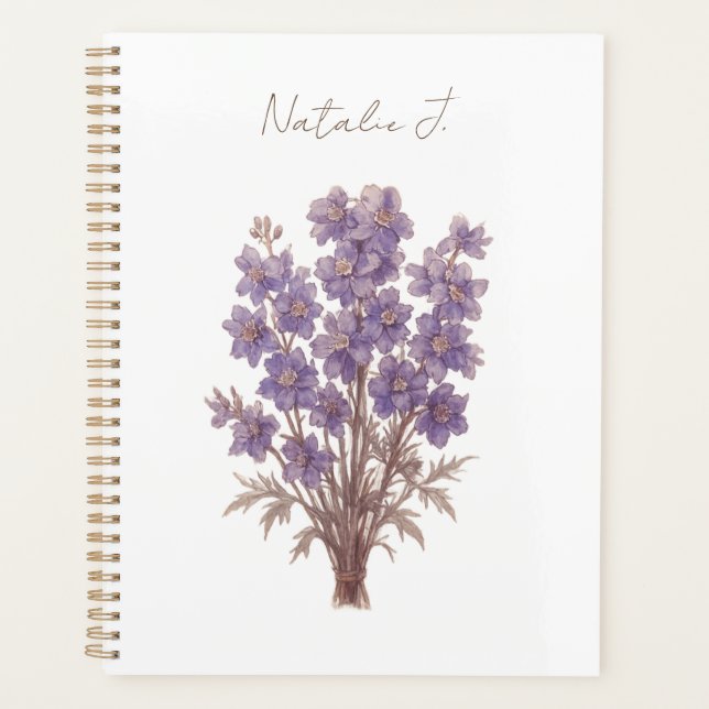 Minimalist Floral Planner, Personalized Larkspur Planner (Front)