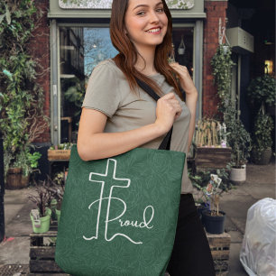 Minimalist Floral Proud Christian Cross Line Art  Tote Bag