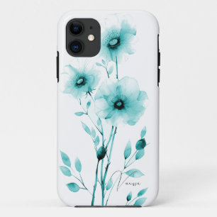 Minimalist floral teal white stylish iPhone 11 case