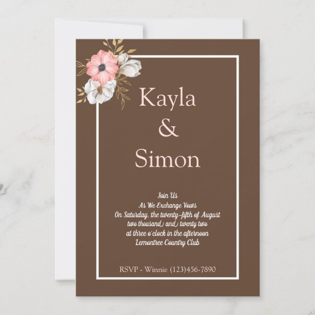 Minimalist Floral Watercolor Brown Wedding  Invitation (Front)