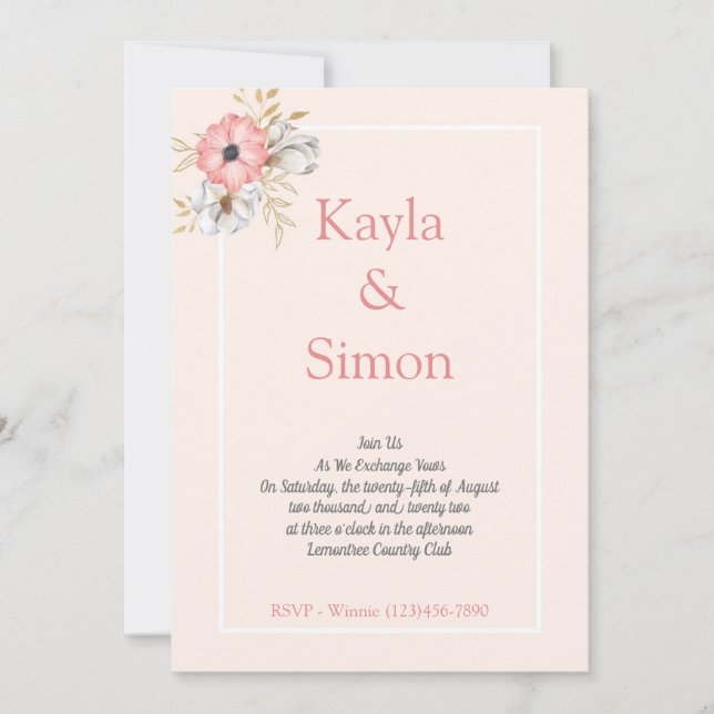 Minimalist Floral Watercolor Peach Wedding  Invitation (Front)