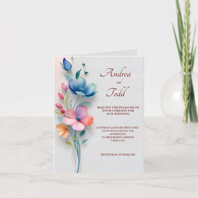 Minimalist floral wedding folded invitation (Front)