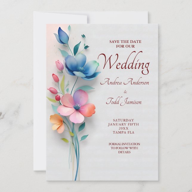 Minimalist floral wedding save the date (Front)