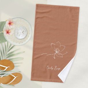Minimalist Floral Zen Line Art Ivory Terracotta Hand Towel