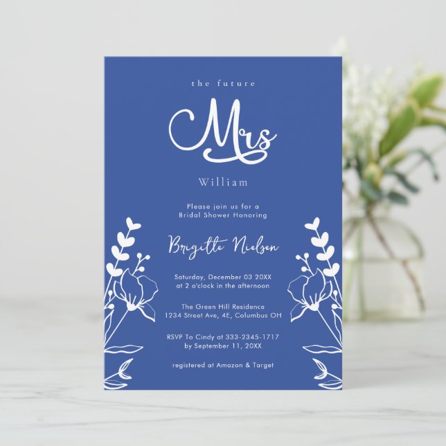 Minimalist Florals Modern Delft Blue Bridal Shower Invitation (Standing Front)