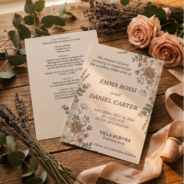 Minimalist Floreal Cream All In One Wedding  Invitation (Simple Floral wedding invitation card, modern and nature inspired)