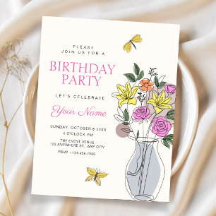 Minimalist flower bouquet art birthday invitation
