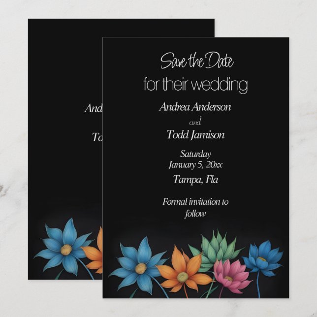 Minimalist flower contrast black wedding save the date (Front/Back)