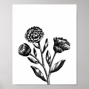Minimalist Flower Illustration Floral Art in Black Poster