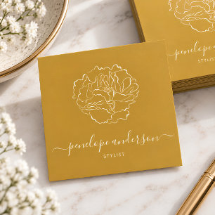 Minimalist Flower Line Art Typography Ochre Yellow Square Business Card
