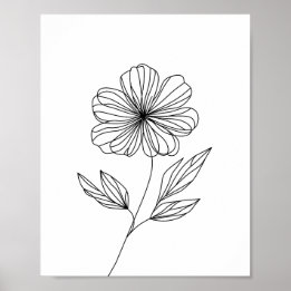 Minimalist Flower Line Drawing black and white Poster